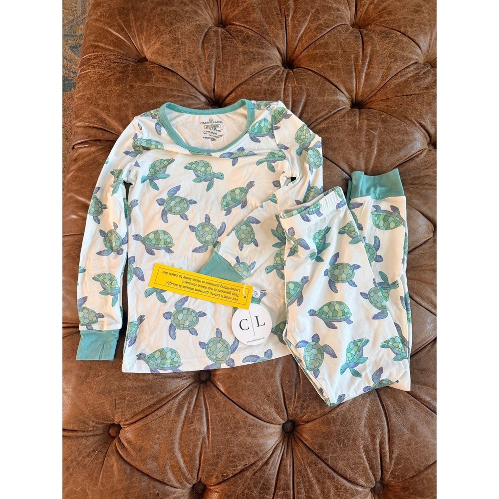 Caden Lane Kids Sea Turtle Bamboo Viscose Pajama Set Teal Green 7/8 NWT